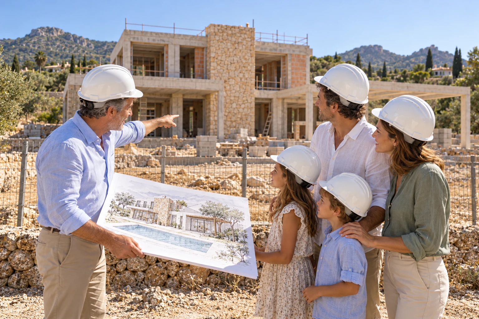 La pareja y sus dos hijos visitan la construcción del chalet junto al arquitecto, que les muestra el esbozo de la vivienda. Todos llevan casco.