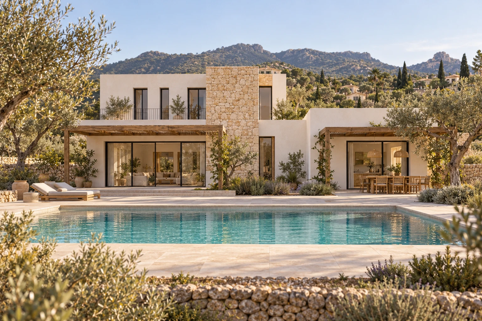 El mismo chalet mediterráneo terminado, con fachada blanca y piedra natural, porche y piscina rectangular.