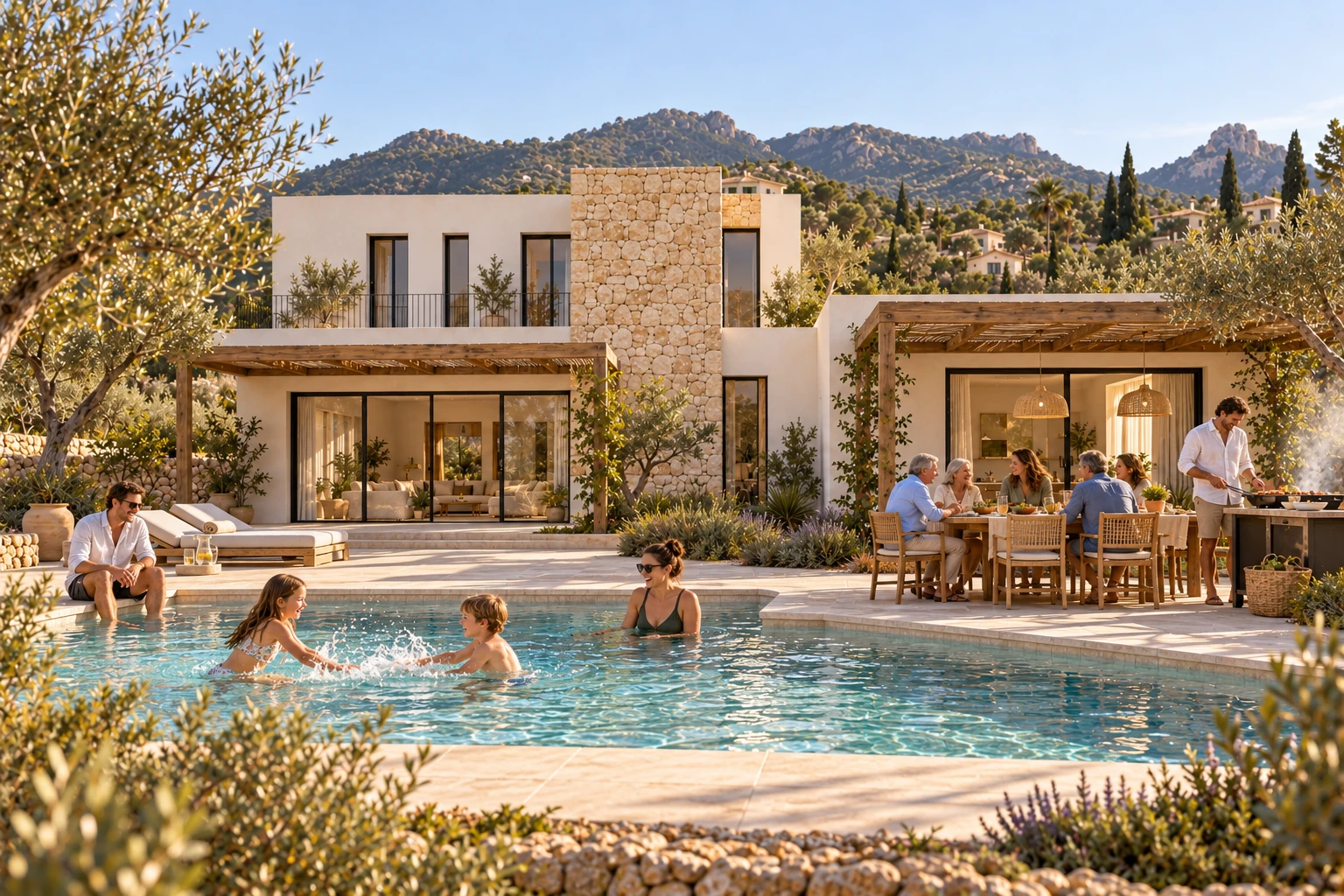 La familia disfruta de la piscina de su chalet terminado con los niños, amigos y abuelos, mientras preparan una barbacoa bajo el porche.